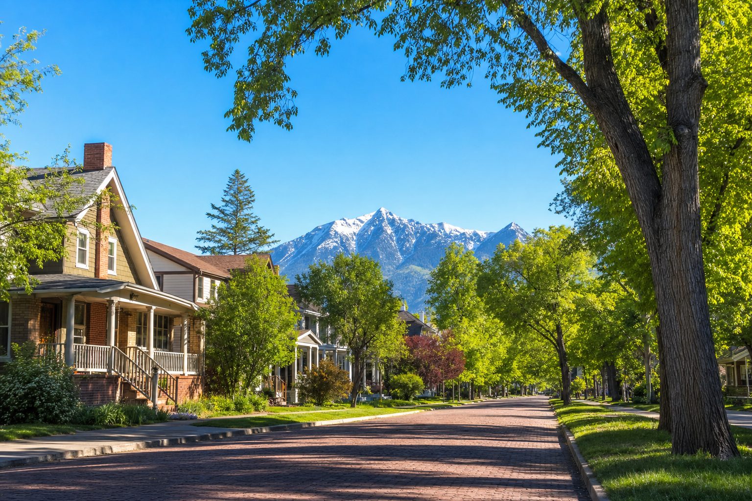 Tree-lined residential street in a Front Range town